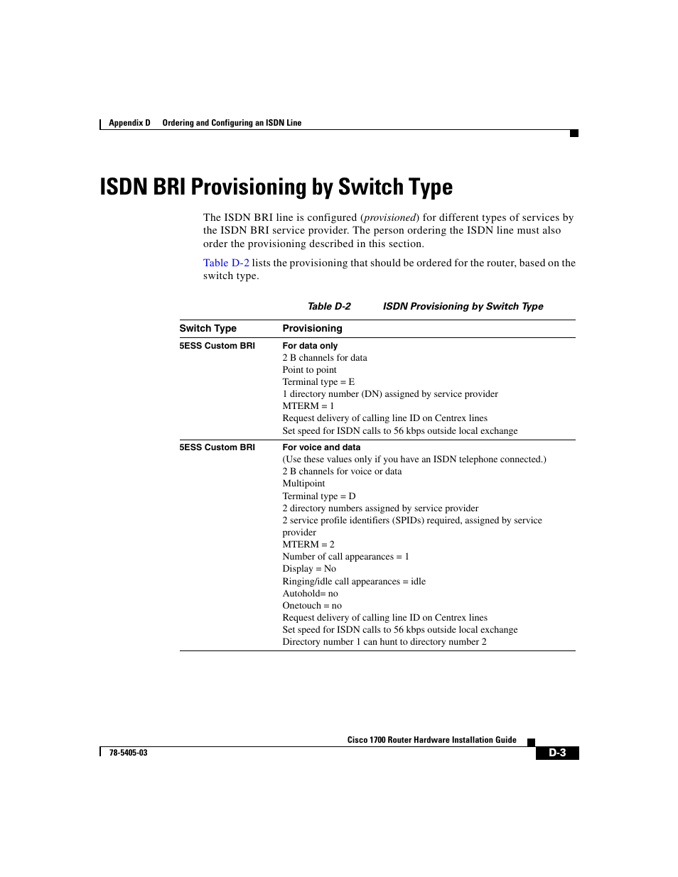Isdnbri provisioning by switch type, Isdn bri provisioning by switch type | Cisco 1700 User Manual | Page 79 / 88