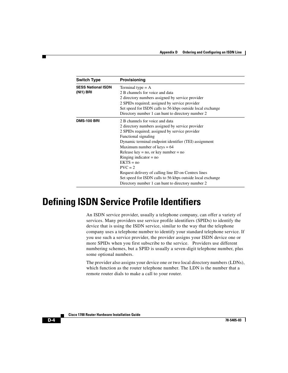 Defining isdn service profile identifiers | Cisco 1700 User Manual | Page 80 / 88