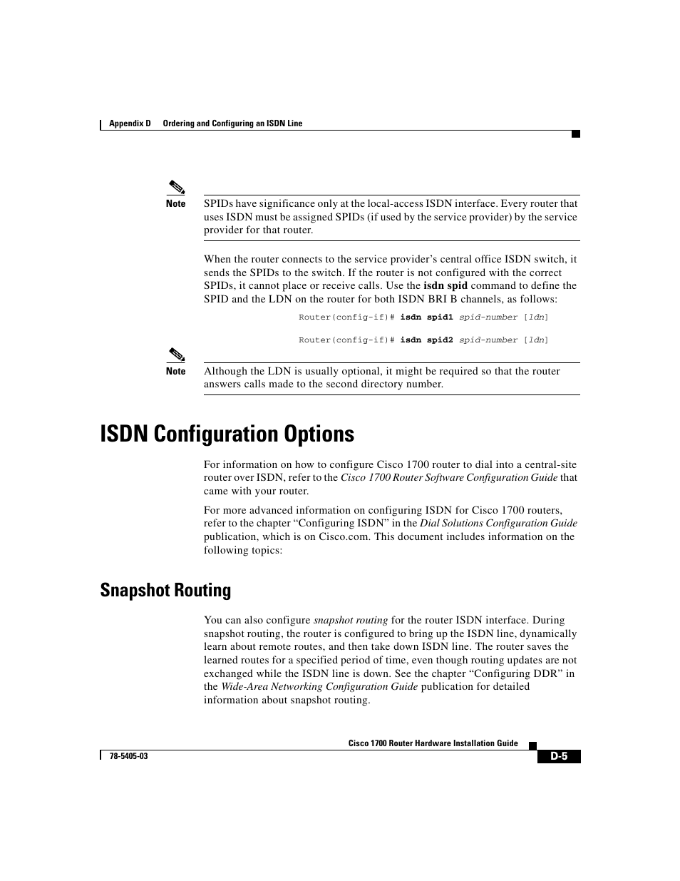 Isdn configuration options, Snapshot routing | Cisco 1700 User Manual | Page 81 / 88