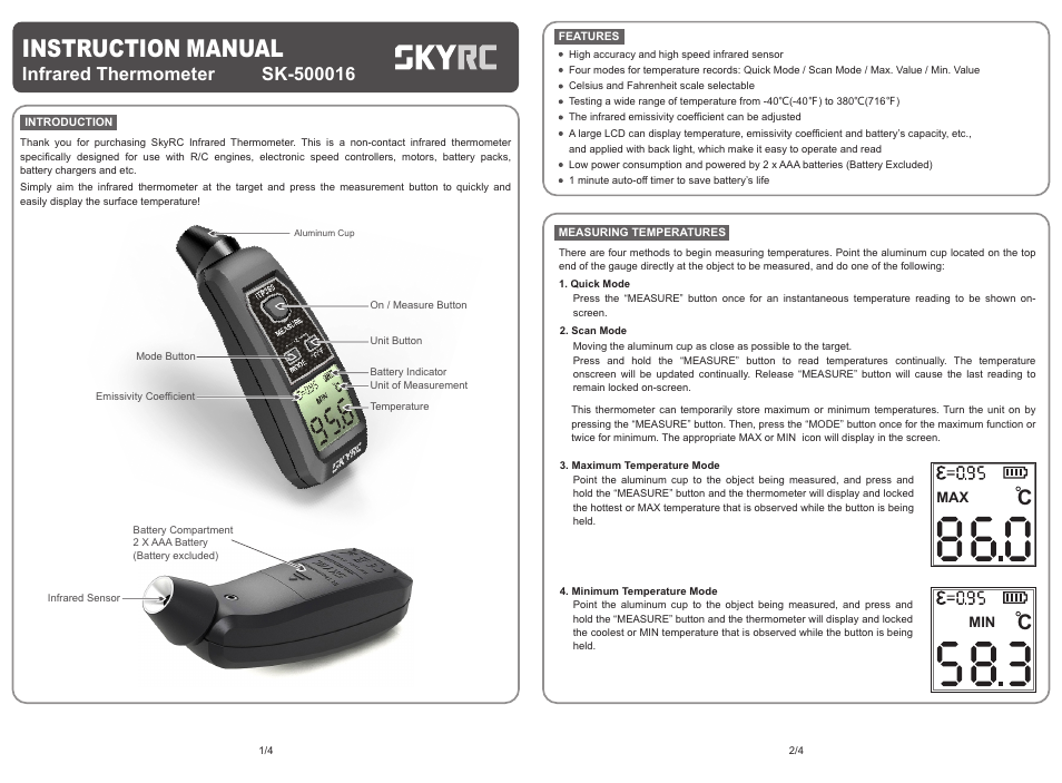 SkyRC Infrared Thermometer User Manual | 2 pages