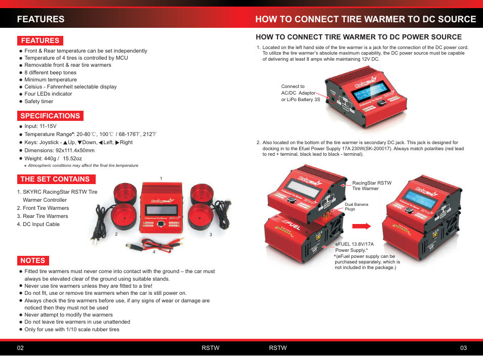 Features, How to connect tire warmer to dc source | SkyRC Tire Warmer User Manual | Page 3 / 6