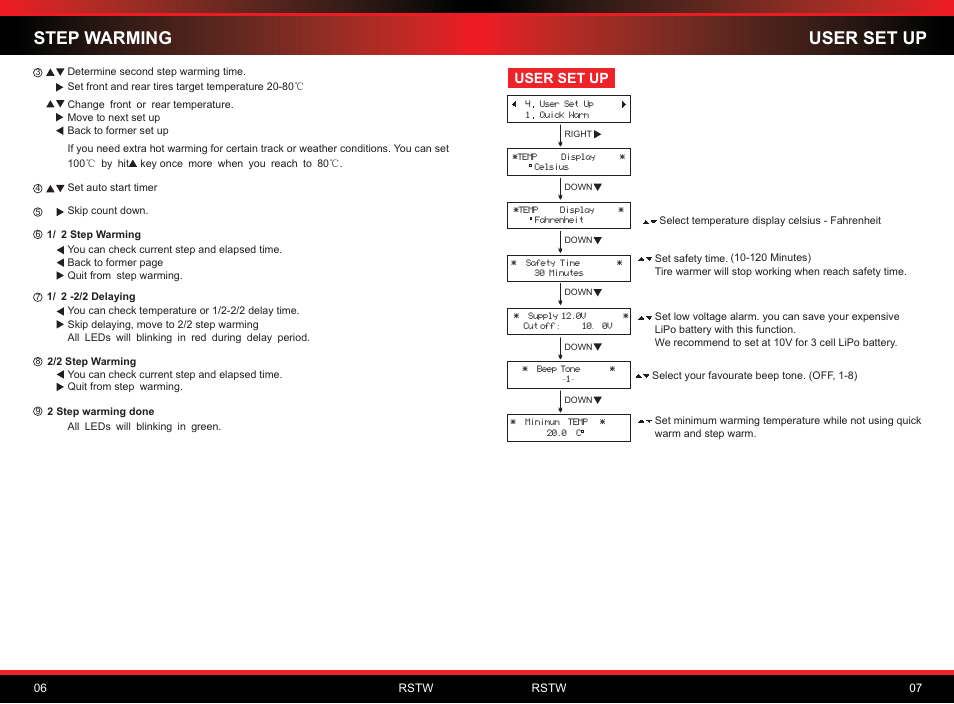 User set up, Step warming | SkyRC Tire Warmer User Manual | Page 5 / 6