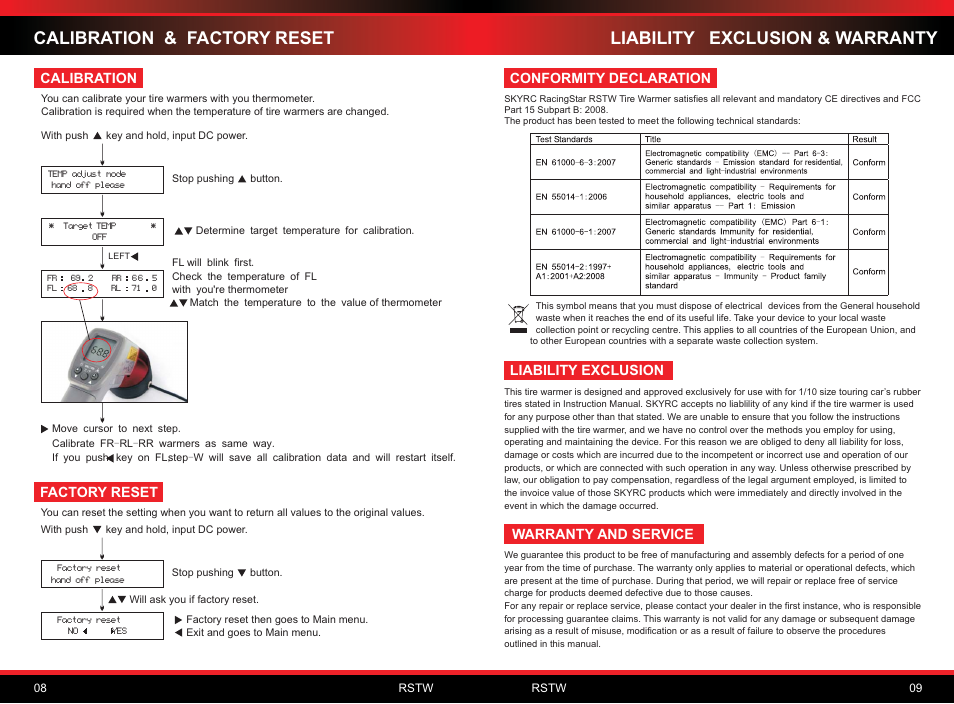 Calibration & factory reset, Liability, Exclusion & warranty | Calibration, Factory reset, Warranty and service liability exclusion, Conformity declaration | SkyRC Tire Warmer User Manual | Page 6 / 6