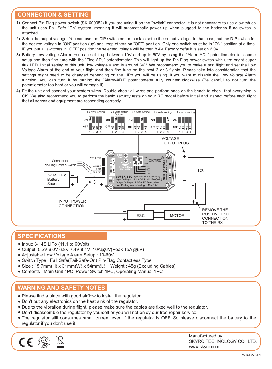 Connection & setting, Specifications | SkyRC 14S 10A BEC User Manual | Page 2 / 2