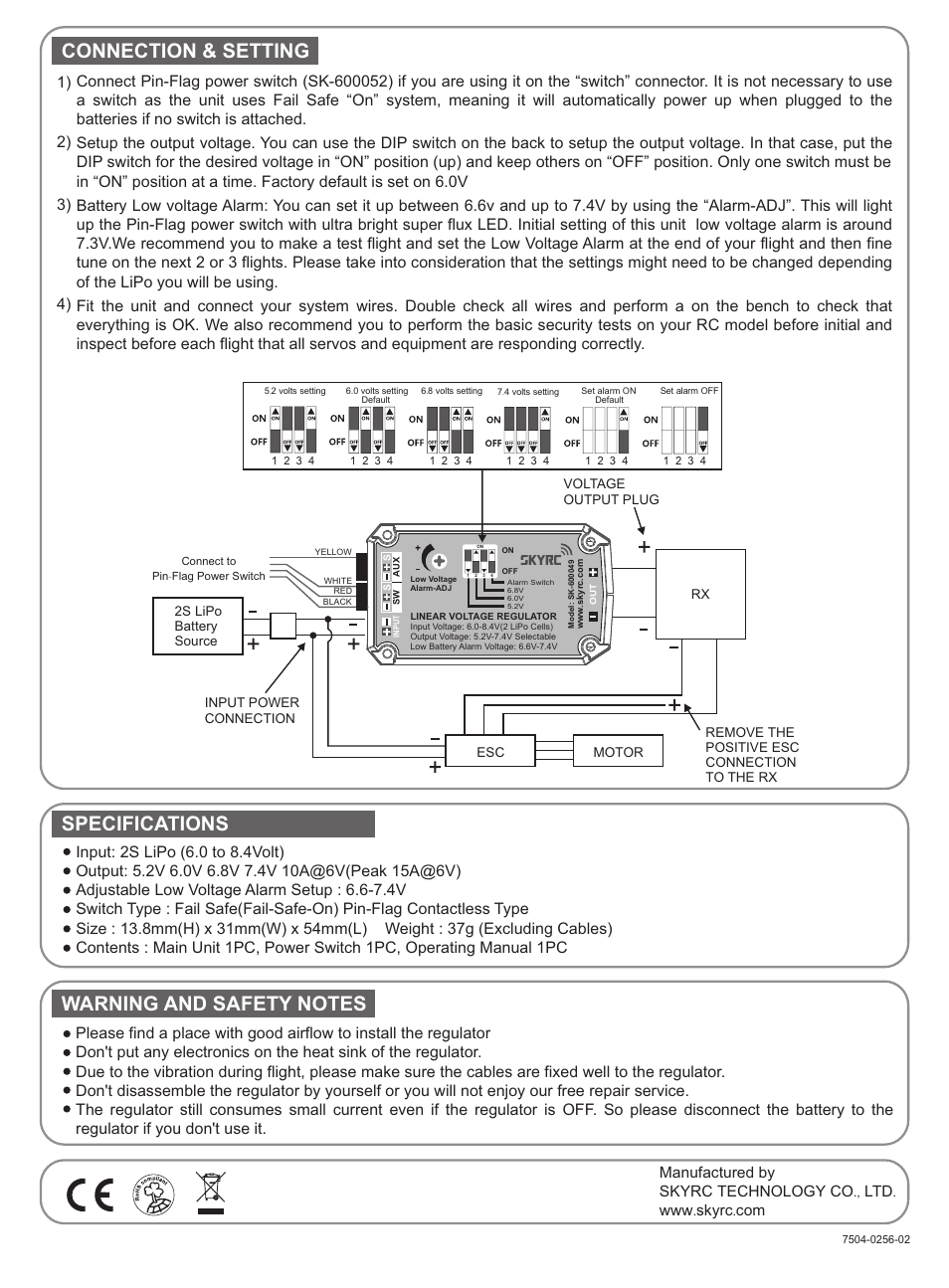 Connection & setting, Specifications | SkyRC 2S 10A Linear Voltage Regulator User Manual | Page 2 / 2