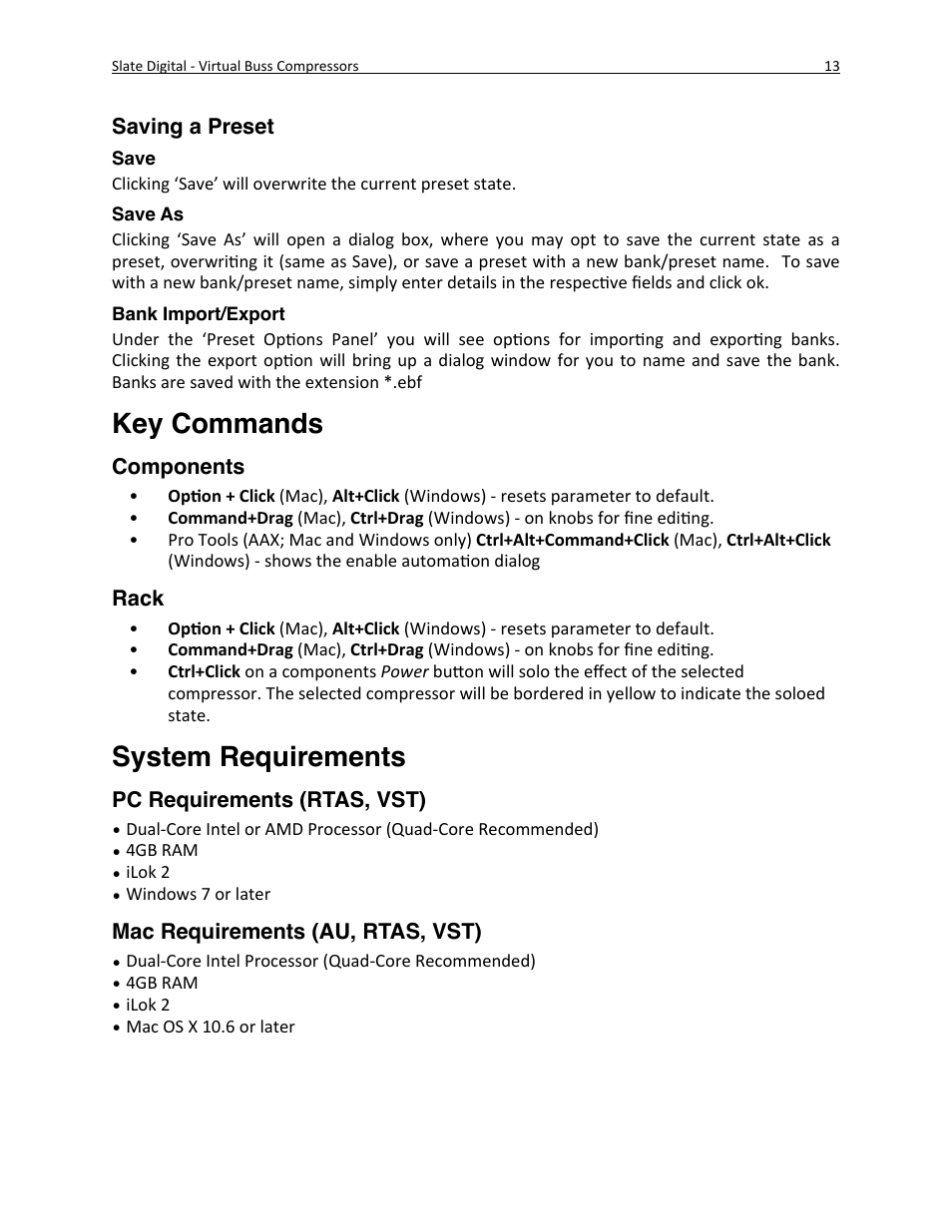 Key commands, System requirements | Slate Digital Virtual Buss Compressors User Manual | Page 13 / 18