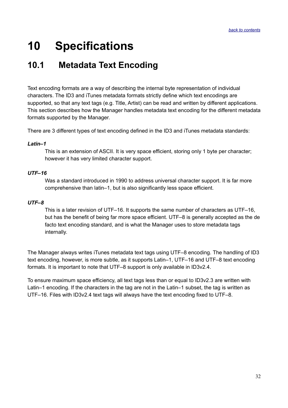 10 specifications, 1 metadata text encoding | Sonnox Fraunhofer Codec Toolbox User Manual | Page 34 / 45