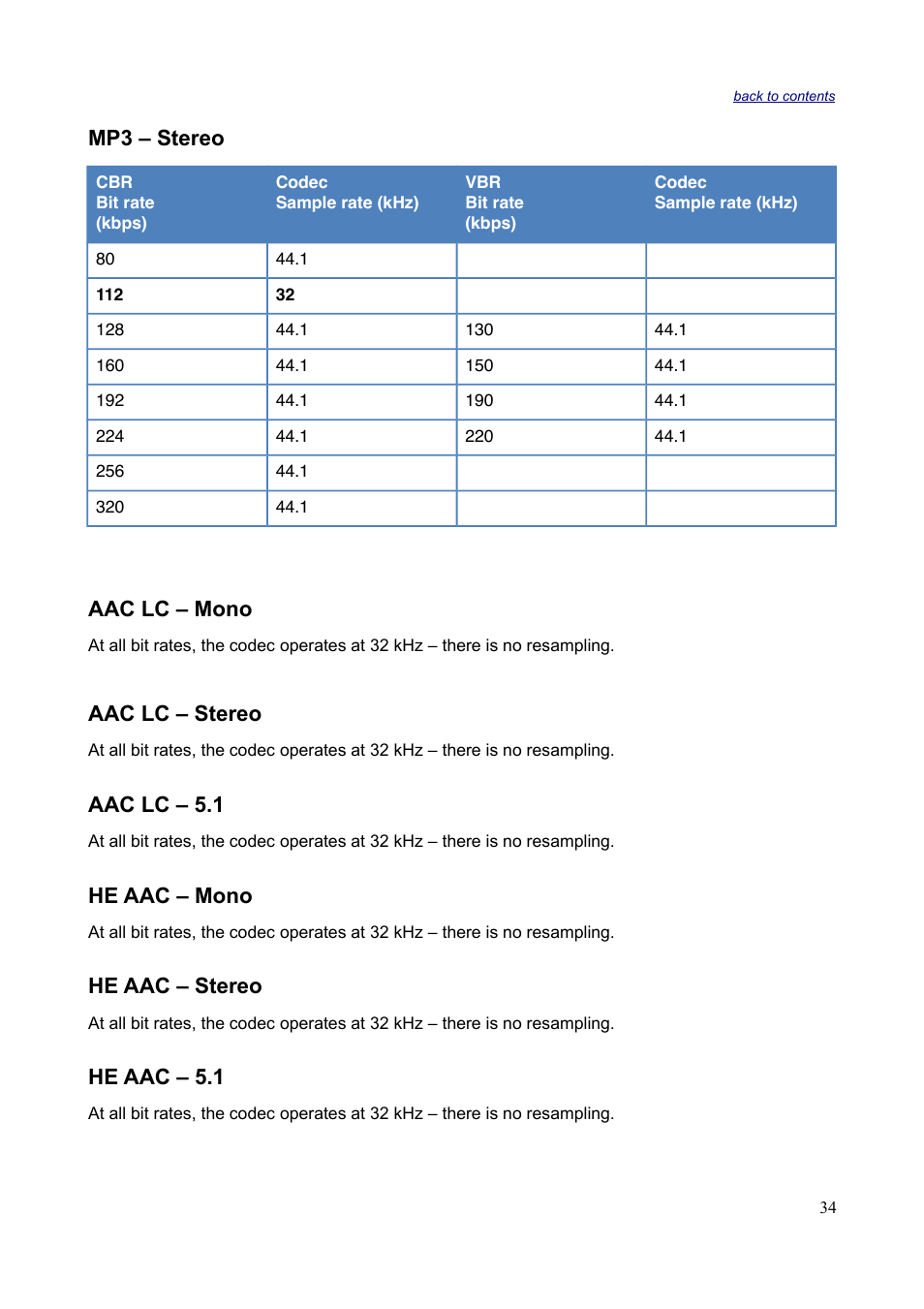 Mp3 – stereo, Aac lc – mono, Aac lc – stereo | Aac lc – 5.1, He aac – mono, He aac – stereo, He aac – 5.1 | Sonnox Fraunhofer Codec Toolbox User Manual | Page 36 / 45