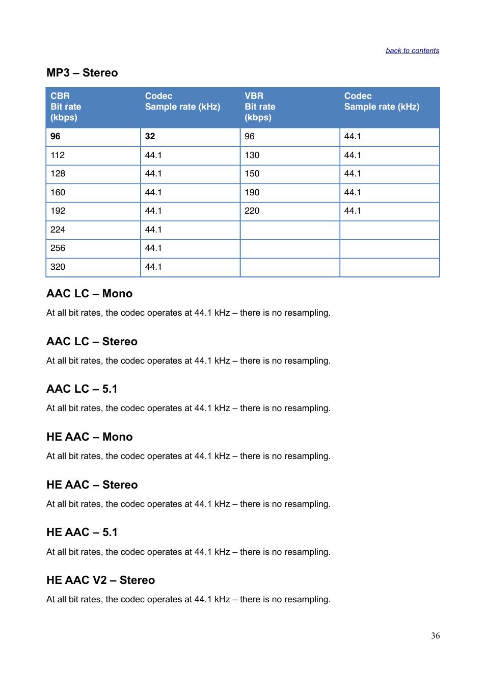 Mp3 – stereo, Aac lc – mono, Aac lc – stereo | Aac lc – 5.1, He aac – mono, He aac – stereo, He aac – 5.1, He aac v2 – stereo | Sonnox Fraunhofer Codec Toolbox User Manual | Page 38 / 45