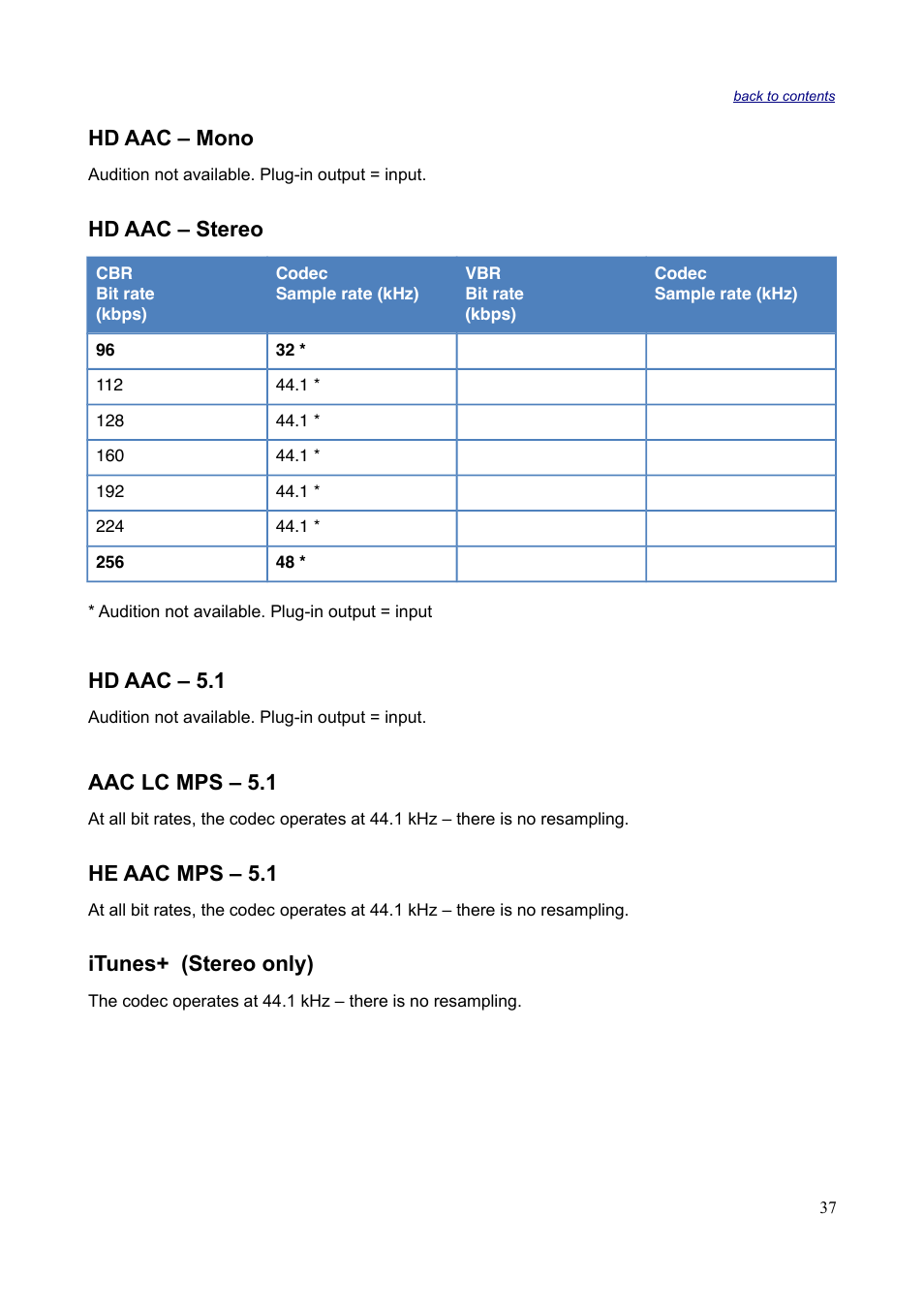Hd aac – mono, Hd aac – stereo, Hd aac – 5.1 | Aac lc mps – 5.1, He aac mps – 5.1, Itunes+ (stereo only) | Sonnox Fraunhofer Codec Toolbox User Manual | Page 39 / 45