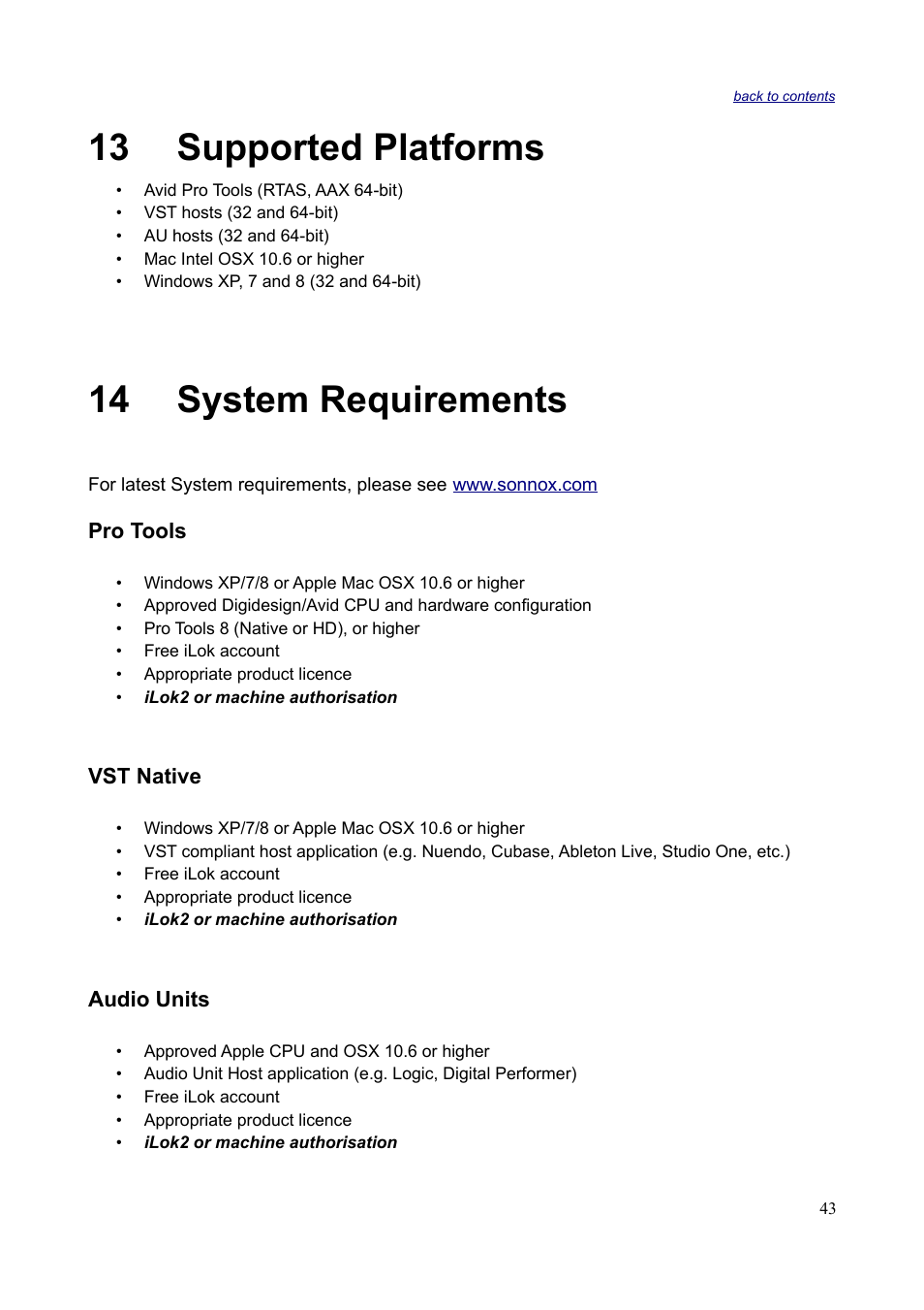 13 supported platforms, 14 system requirements, 13 supported platforms 14 system requirements | Sonnox Fraunhofer Codec Toolbox User Manual | Page 45 / 45