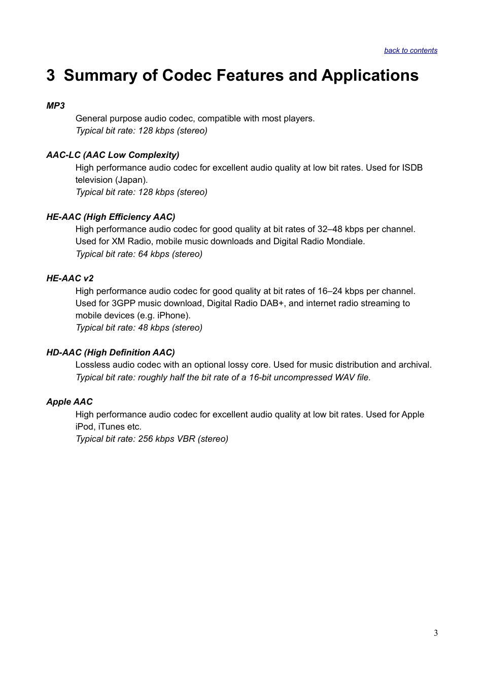 3 summary of codec features and applications | Sonnox Fraunhofer Codec Toolbox User Manual | Page 5 / 45