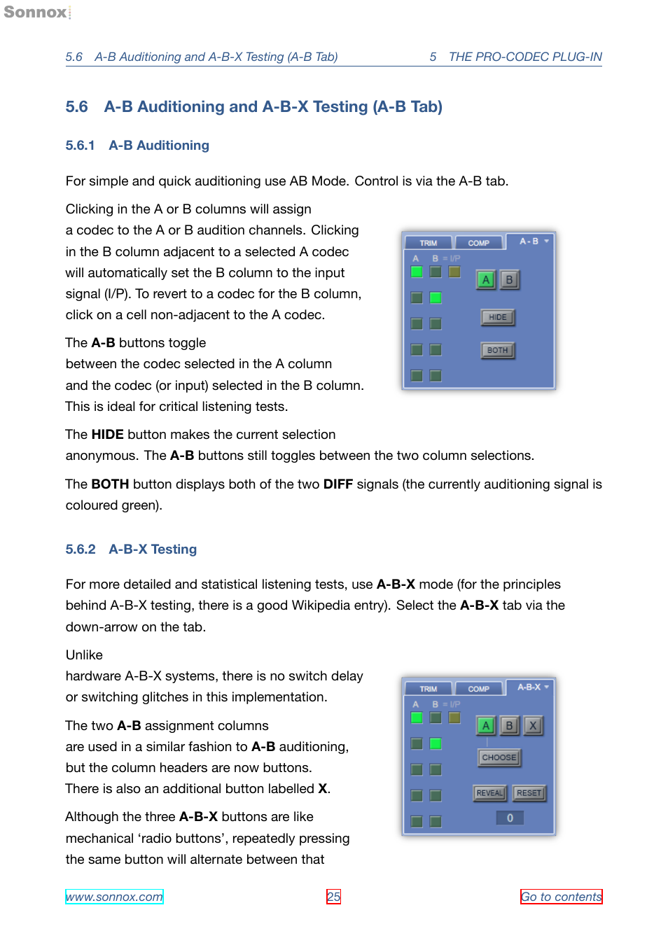 A-b auditioning and a-b-x testing (a-b tab), A-b auditioning, A-b-x testing | 6 a-b auditioning and a-b-x testing (a-b tab), 1 a-b auditioning, 2 a-b-x testing | Sonnox Fraunhofer Pro-Codec User Manual | Page 25 / 89