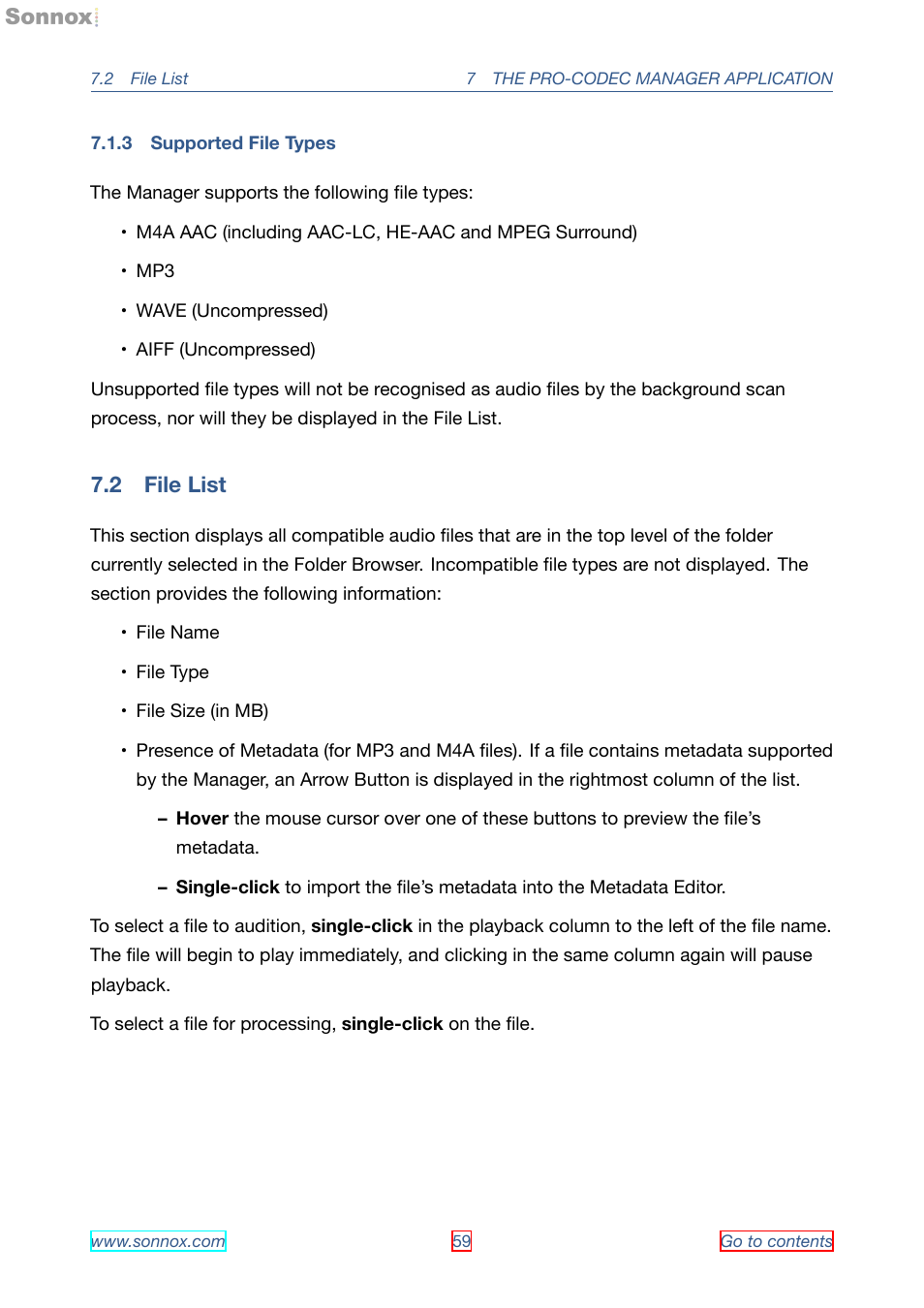 Supported file types, File list, 3 supported file types | 2 file list | Sonnox Fraunhofer Pro-Codec User Manual | Page 59 / 89