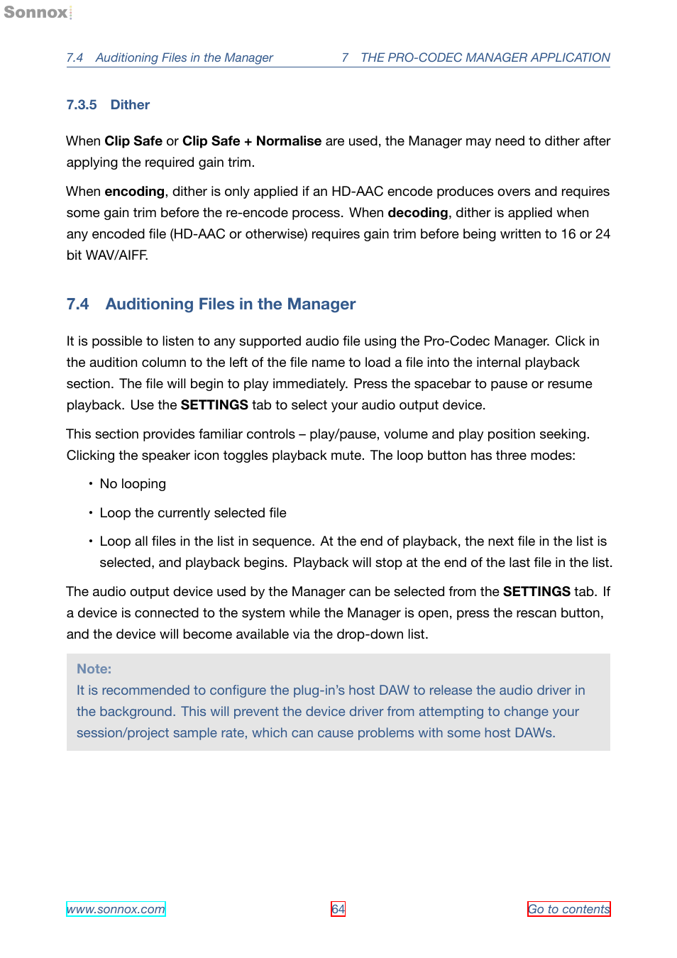 Dither, Auditioning files in the manager, 5 dither | 4 auditioning files in the manager, Audition section | Sonnox Fraunhofer Pro-Codec User Manual | Page 64 / 89