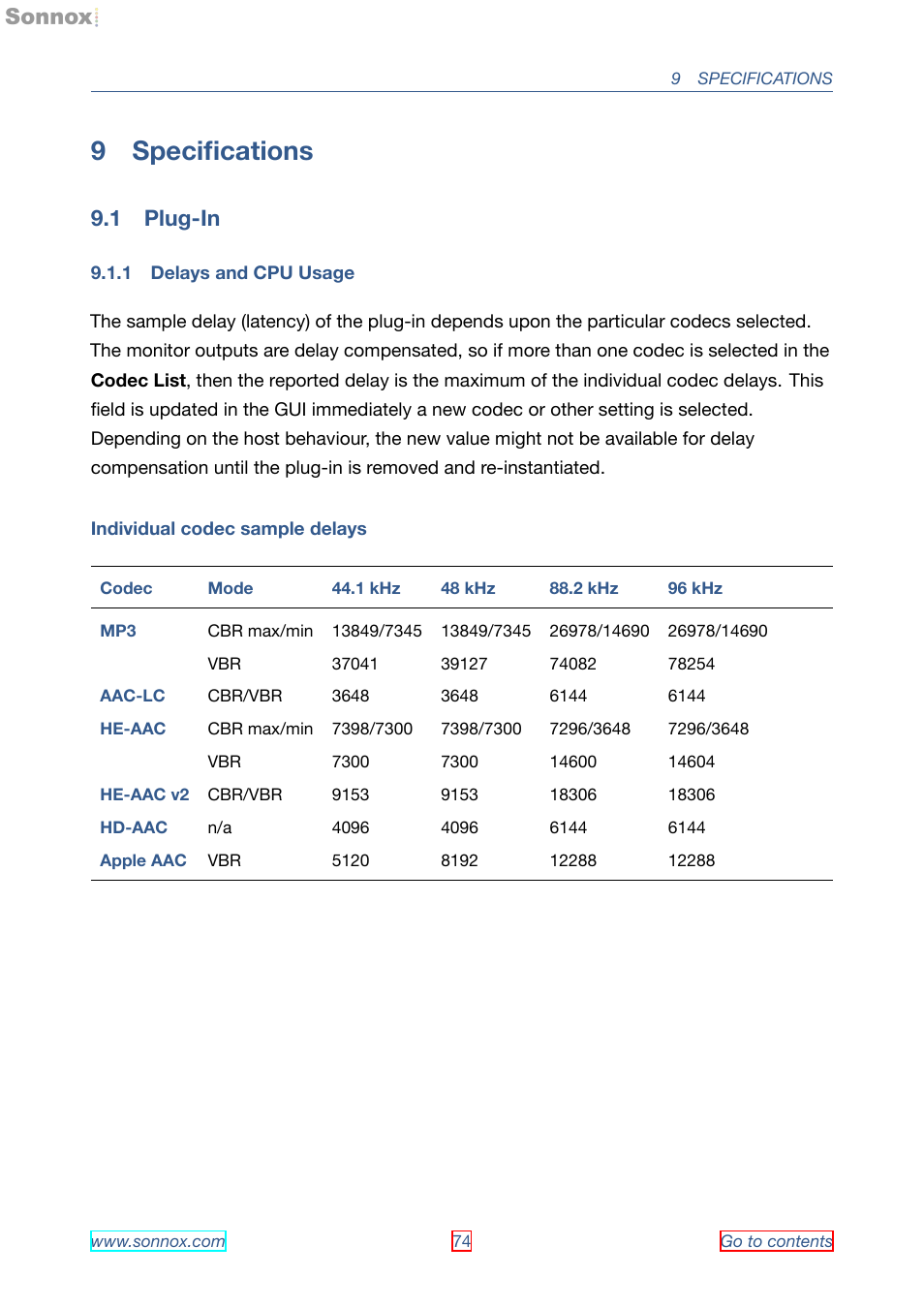Specifications, Plug-in, Delays and cpu usage | 9 speciﬁcations, 1 plug-in, 1 delays and cpu usage | Sonnox Fraunhofer Pro-Codec User Manual | Page 74 / 89