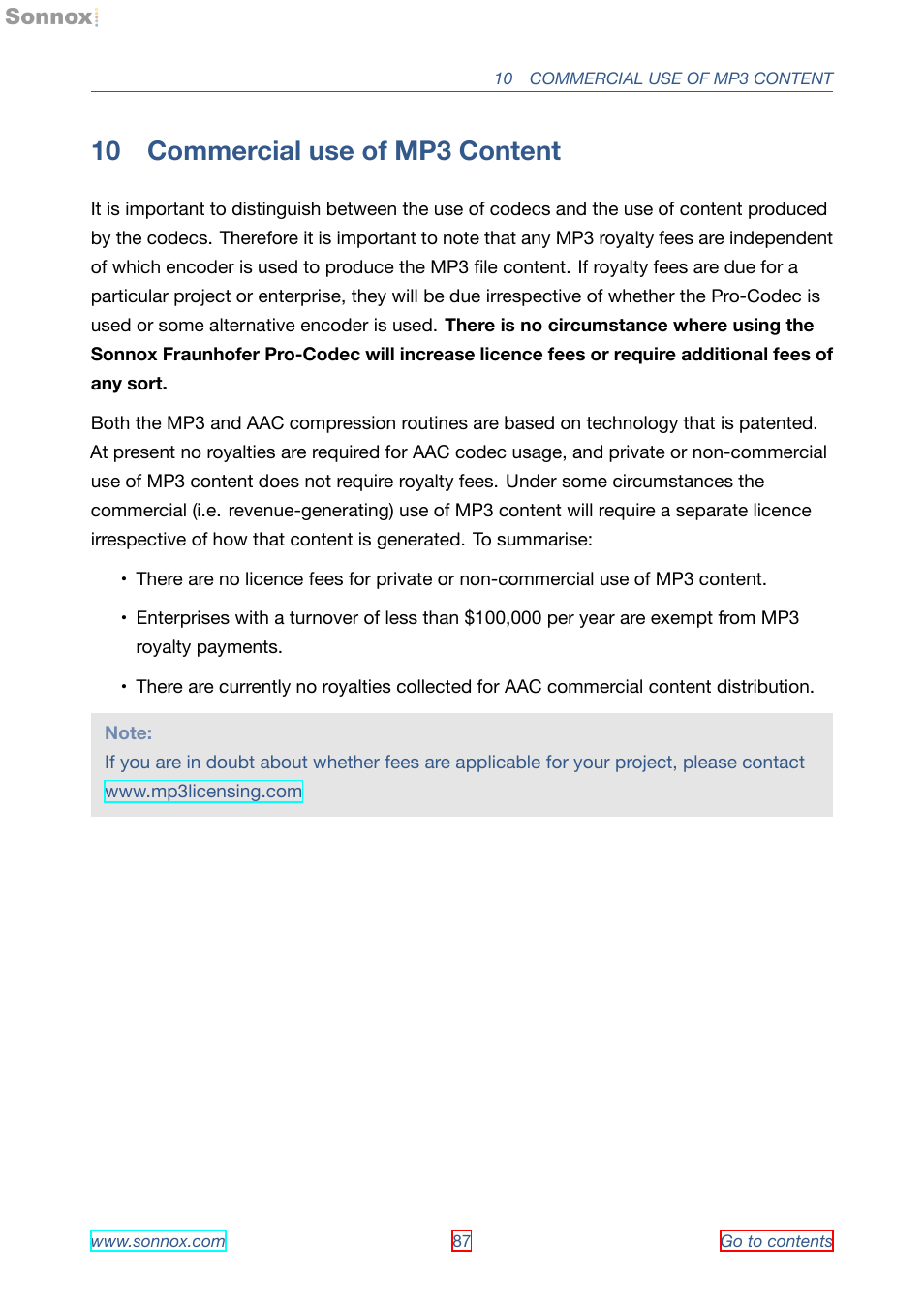 Commercial use of mp3 content, 10 commercial use of mp3 content | Sonnox Fraunhofer Pro-Codec User Manual | Page 87 / 89