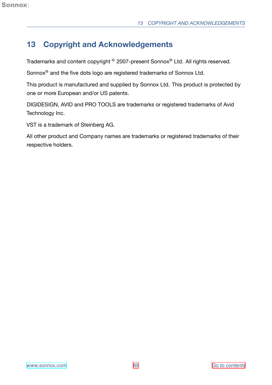 Copyright and acknowledgements, 13 copyright and acknowledgements | Sonnox Fraunhofer Pro-Codec User Manual | Page 89 / 89