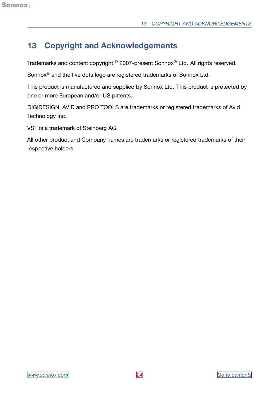 Copyright and acknowledgements, 13 copyright and acknowledgements | Sonnox Oxford EQ including GML User Manual | Page 24 / 24