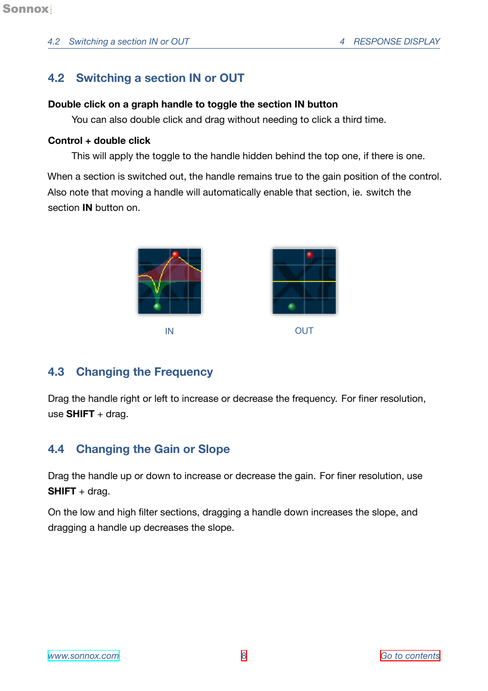 Switching a section in or out, Changing the frequency, Changing the gain or slope | 2 switching a section in or out, 3 changing the frequency, 4 changing the gain or slope | Sonnox Oxford EQ including GML User Manual | Page 8 / 24