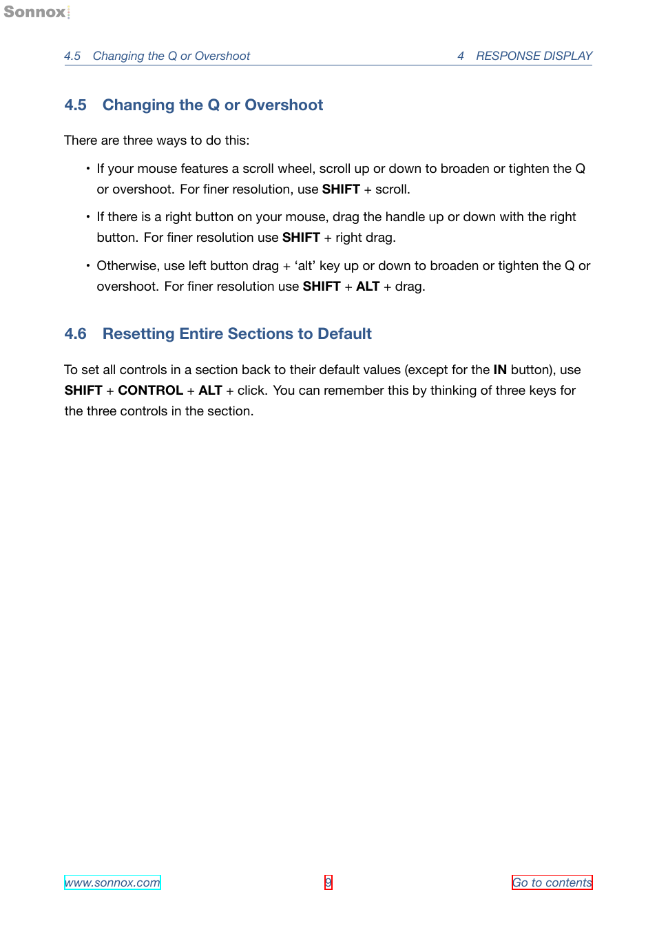 Changing the q or overshoot, Resetting entire sections to default, 5 changing the q or overshoot | 6 resetting entire sections to default | Sonnox Oxford EQ including GML User Manual | Page 9 / 24