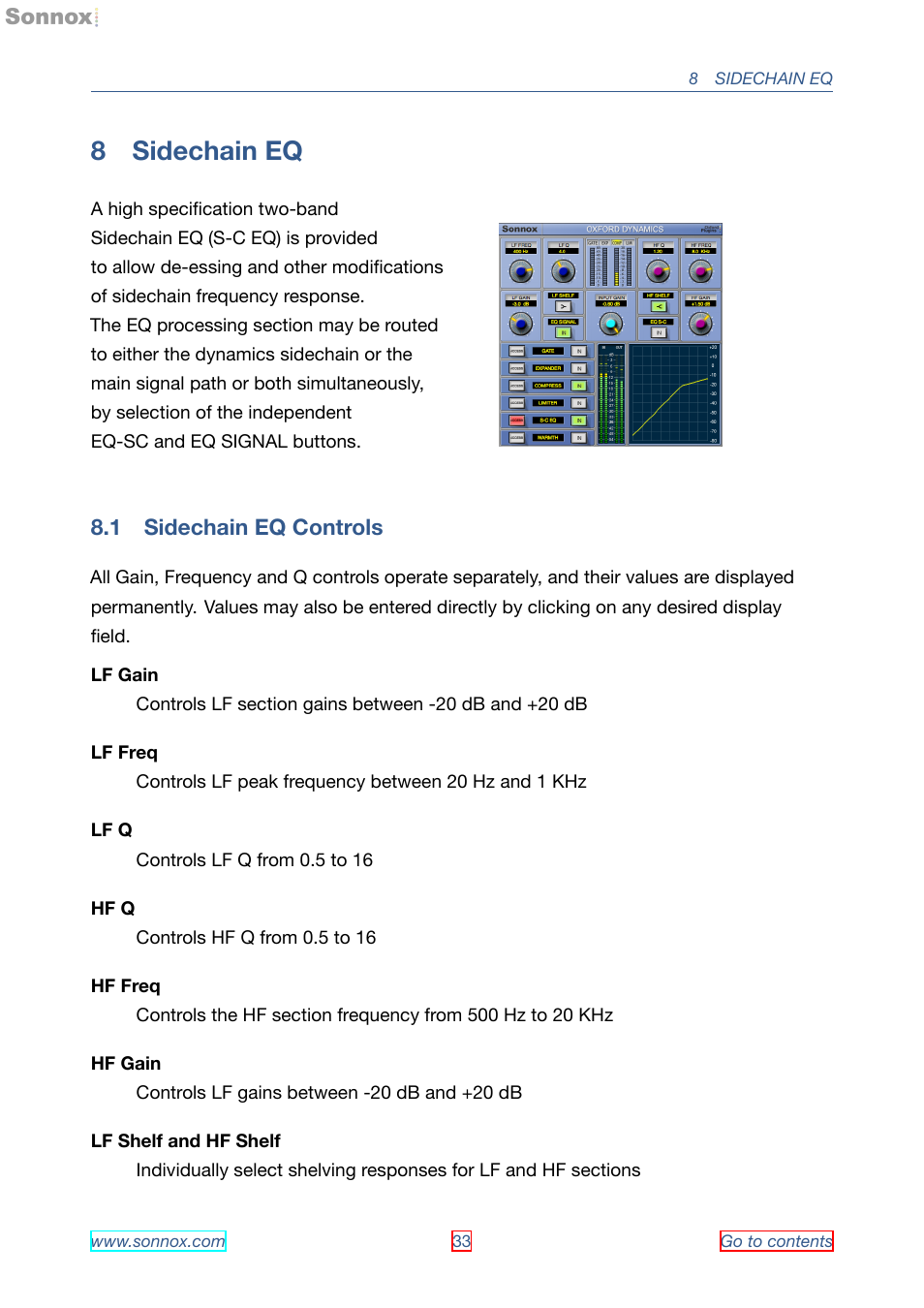 Sidechain eq, Sidechain eq controls, 8 sidechain eq | 1 sidechain eq controls | Sonnox Oxford Dynamics User Manual | Page 33 / 50