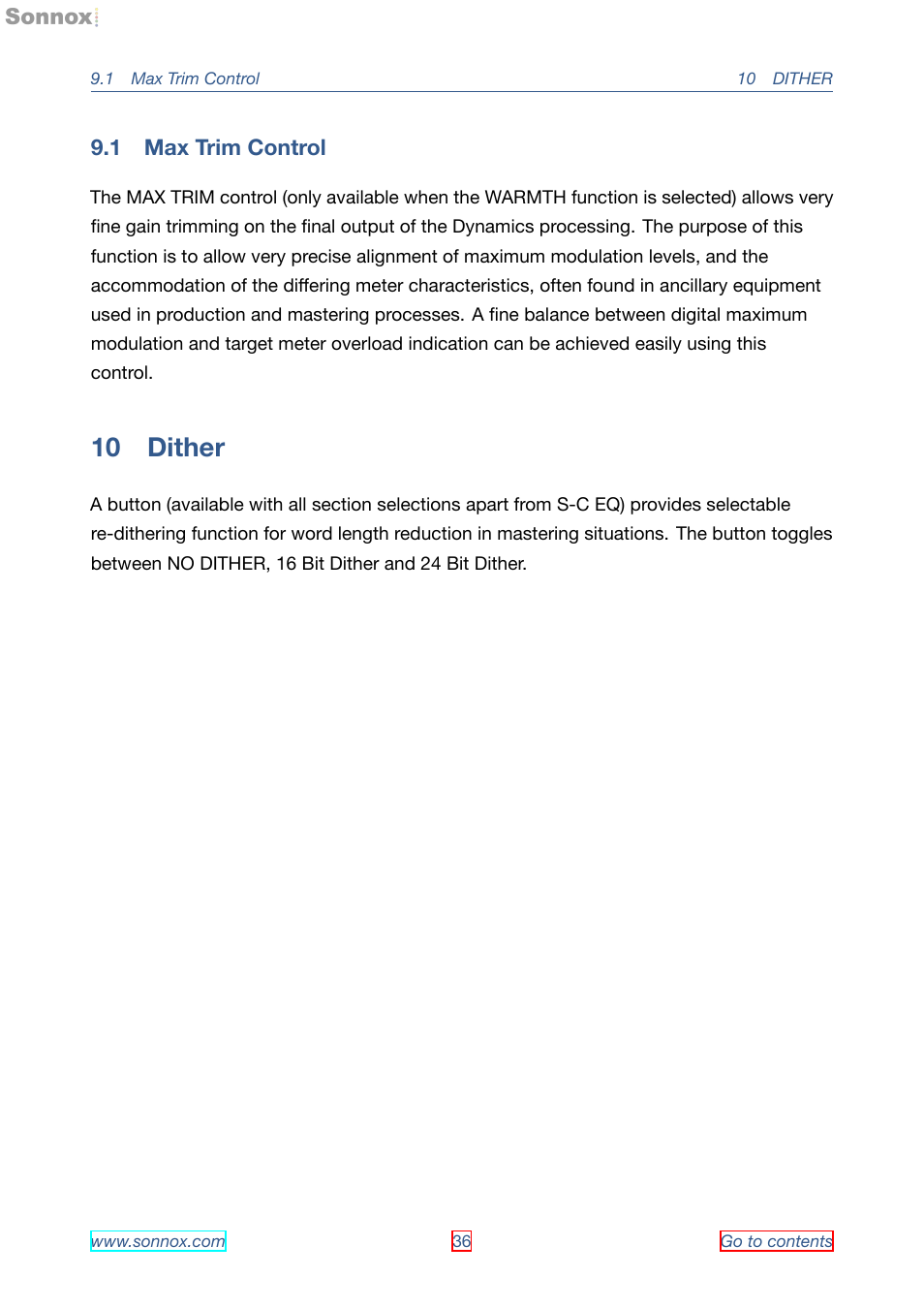 Max trim control, Dither, 1 max trim control | 10 dither | Sonnox Oxford Dynamics User Manual | Page 36 / 50