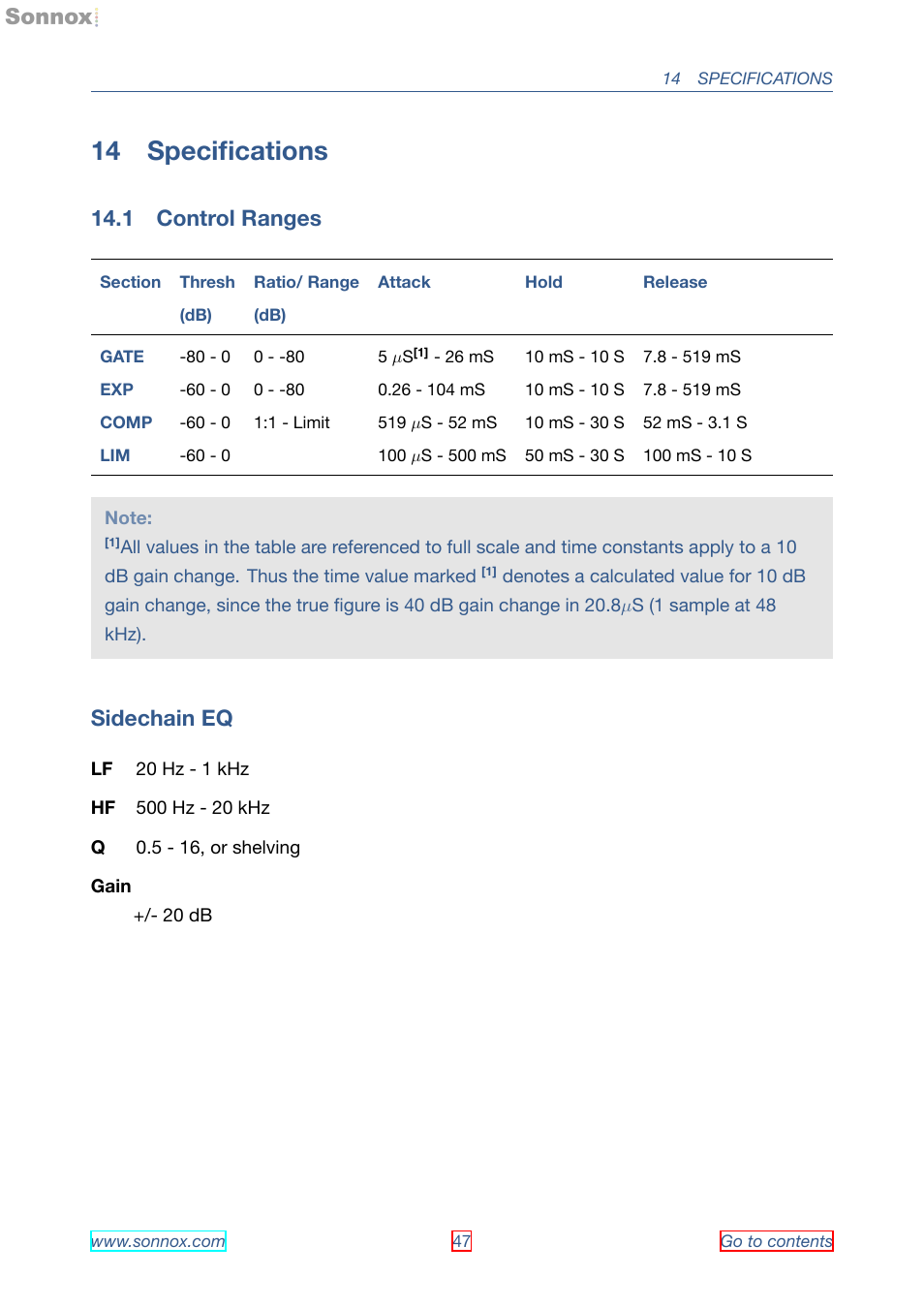 Specifications, Control ranges, 14 speciﬁcations | 1 control ranges, Sidechain eq | Sonnox Oxford Dynamics User Manual | Page 47 / 50