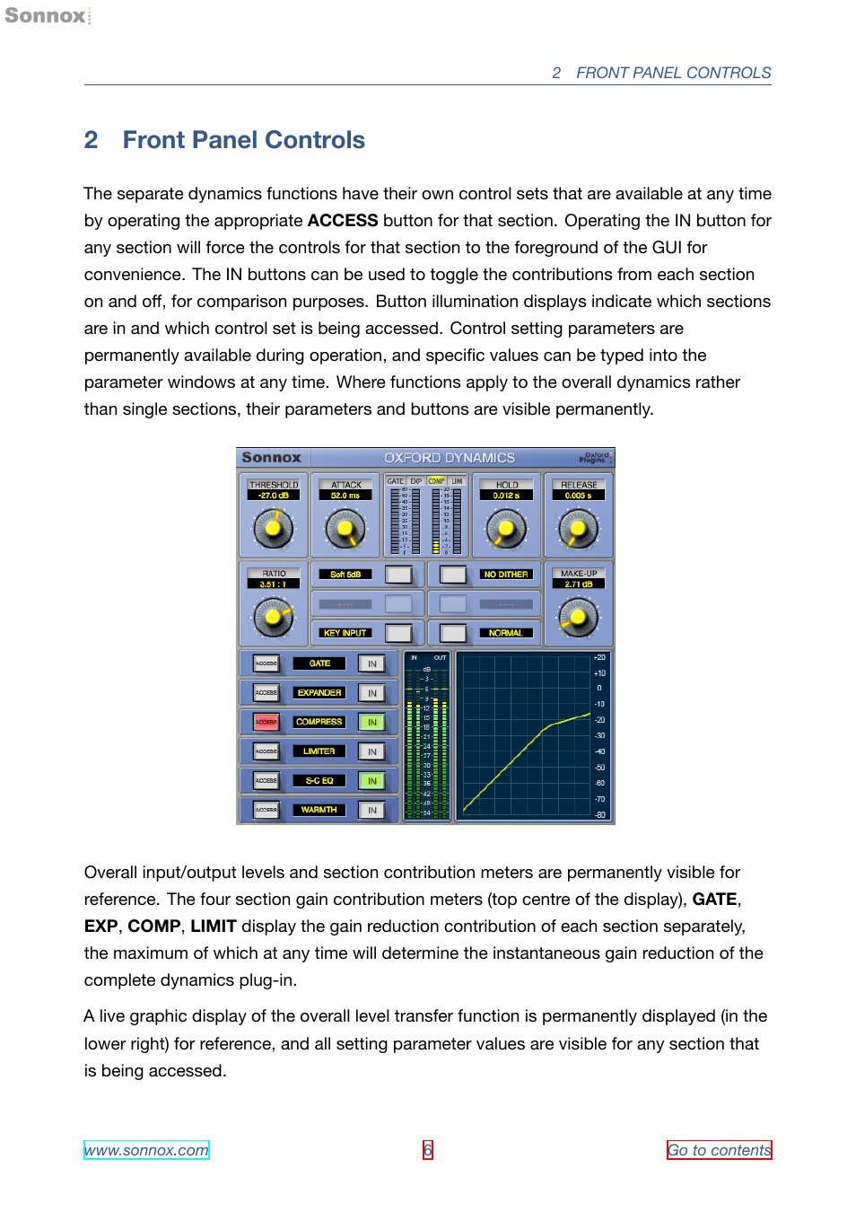 Front panel controls, 2 front panel controls | Sonnox Oxford Dynamics User Manual | Page 6 / 50