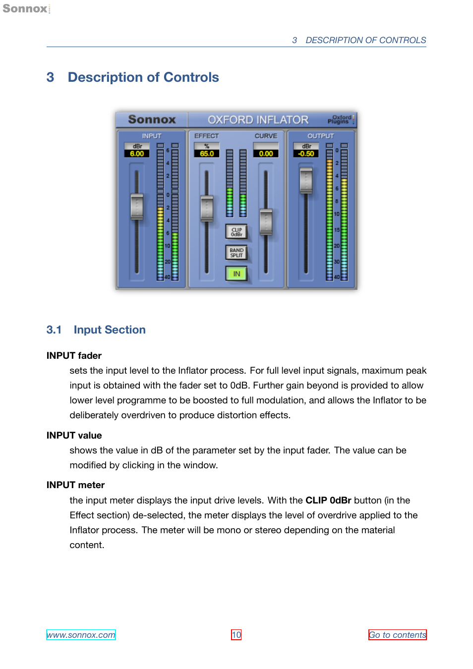 Description of controls, Input section, 3 description of controls | 1 input section | Sonnox Oxford Inflator User Manual | Page 10 / 16