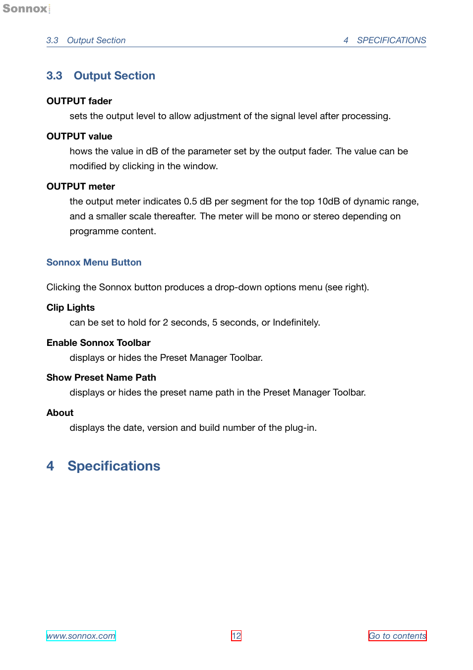 Output section, Specifications, Pro tools | hdx – instances per chip | 3 output section, 4 speciﬁcations, 1 pro tools | hdx – instances per chip | Sonnox Oxford Inflator User Manual | Page 12 / 16