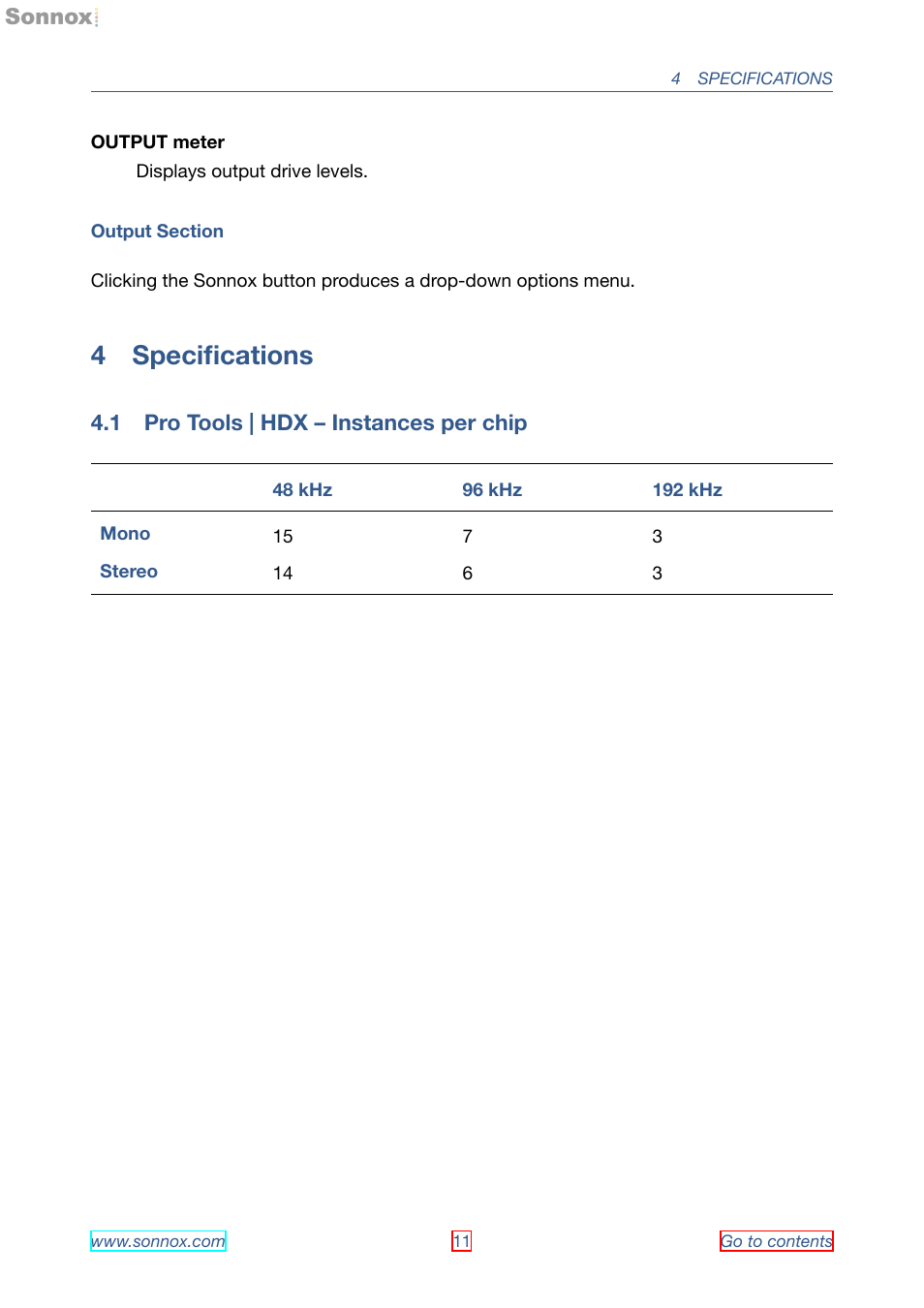 Specifications, Pro tools | hdx – instances per chip, 4 speciﬁcations | 1 pro tools | hdx – instances per chip | Sonnox Oxford Transient Modulator User Manual | Page 11 / 14