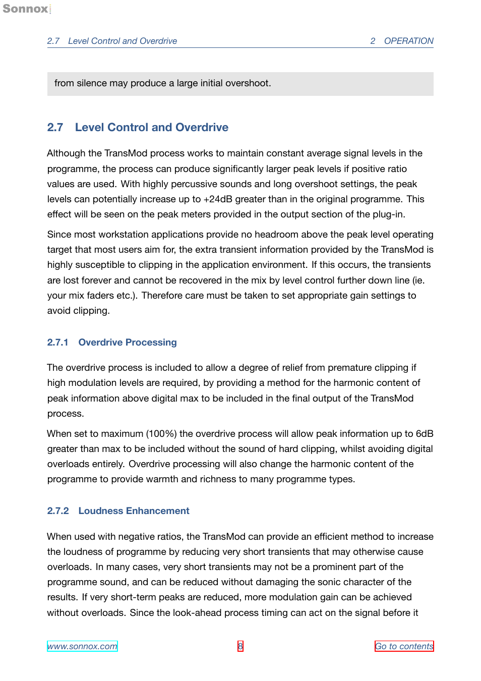 Level control and overdrive, Overdrive processing, Loudness enhancement | 7 level control and overdrive, 1 overdrive processing, 2 loudness enhancement | Sonnox Oxford Transient Modulator User Manual | Page 8 / 14