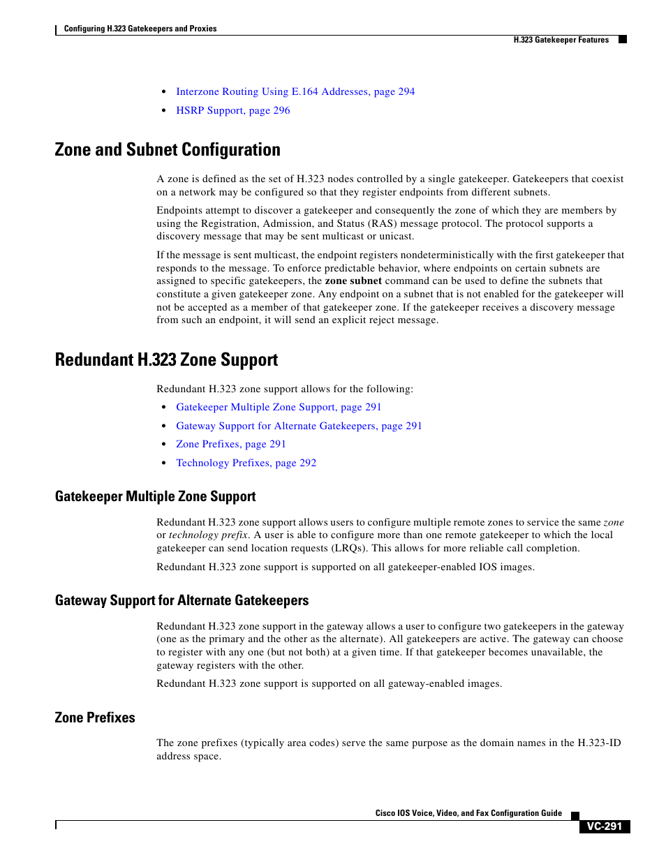 Zone and subnet configuration, Redundant h.323 zone support, Gatekeeper multiple zone support | Gateway support for alternate gatekeepers, Zone prefixes | Cisco H.323 VC-289 User Manual | Page 3 / 76