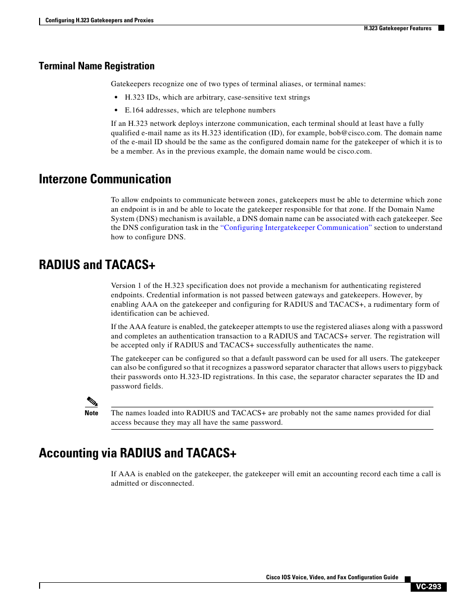 Terminal name registration, Interzone communication, Radius and tacacs | Accounting via radius and tacacs | Cisco H.323 VC-289 User Manual | Page 5 / 76