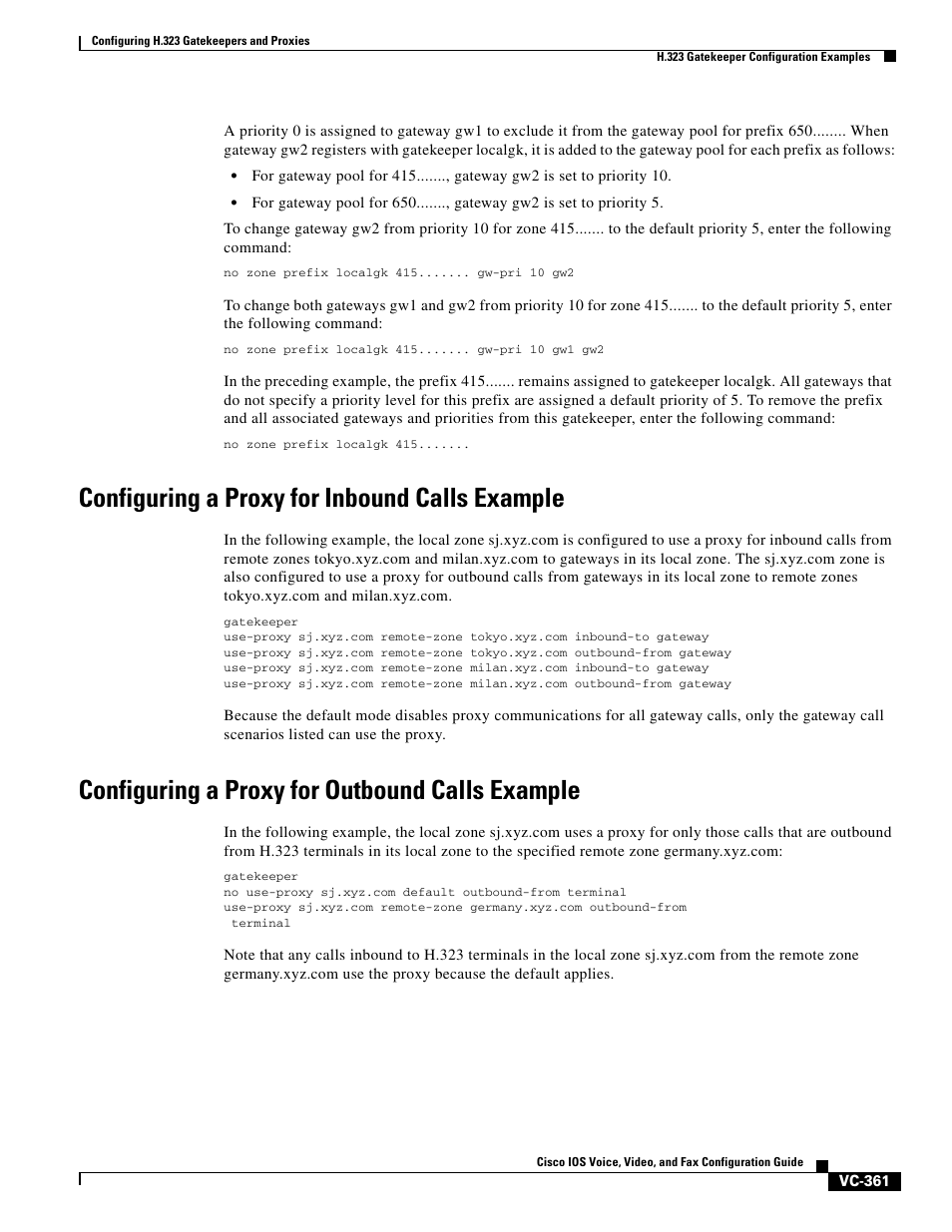 Configuring a proxy for inbound calls example, Configuring a proxy for outbound calls example | Cisco H.323 VC-289 User Manual | Page 73 / 76