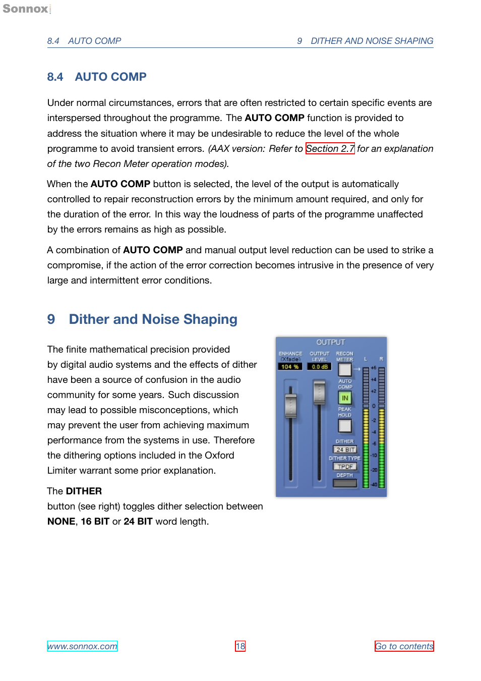 Auto comp, Dither and noise shaping, 4 auto comp | 9 dither and noise shaping | Sonnox Oxford Limiter User Manual | Page 18 / 40