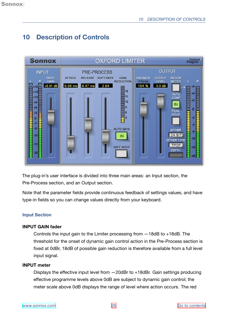 Description of controls, 10 description of controls | Sonnox Oxford Limiter User Manual | Page 26 / 40