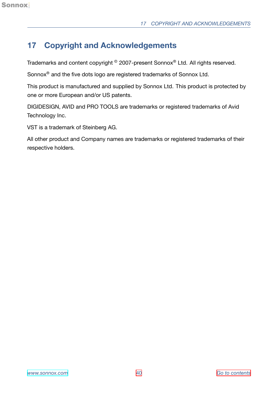 Copyright and acknowledgements, 17 copyright and acknowledgements | Sonnox Oxford Limiter User Manual | Page 40 / 40