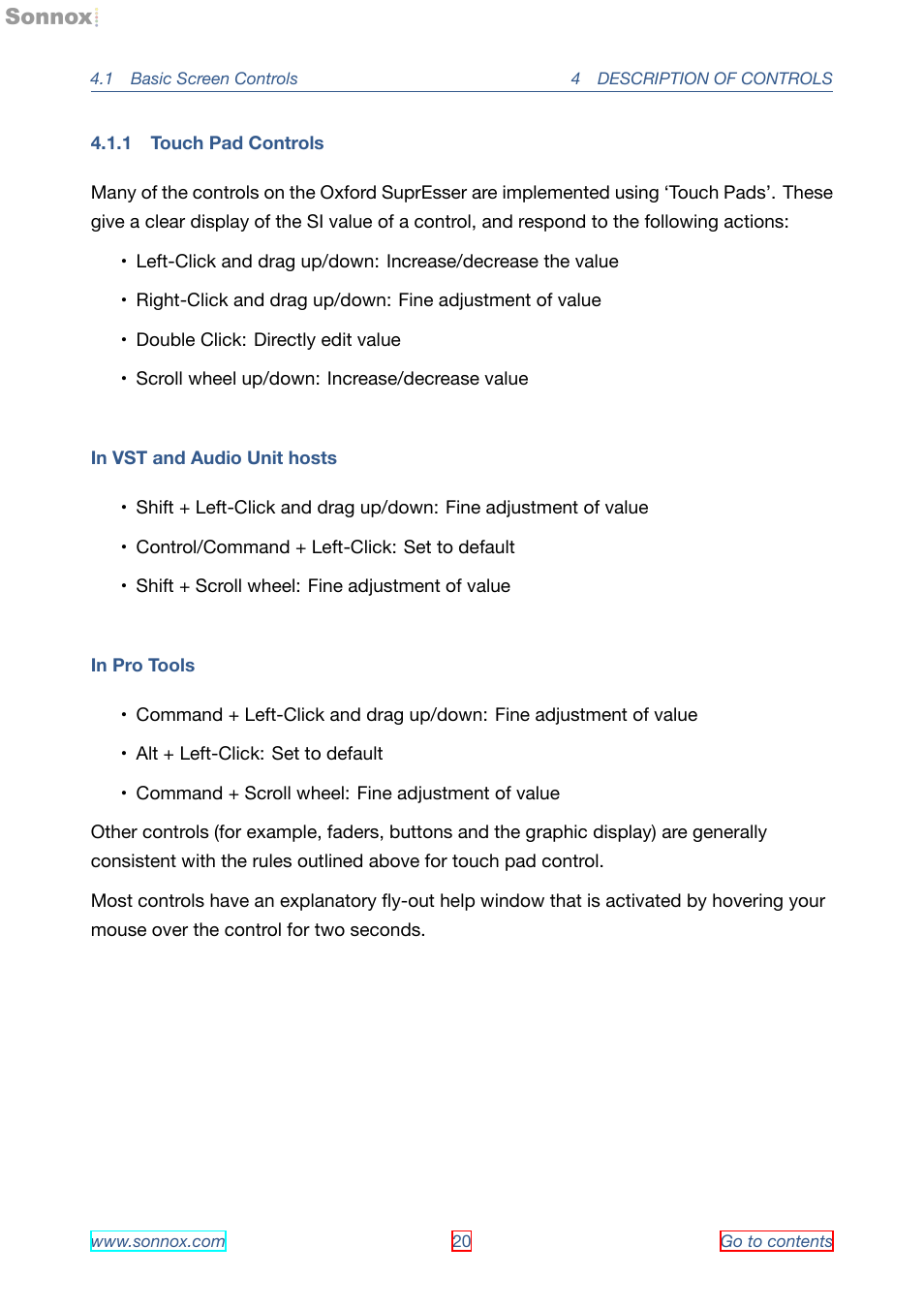 Touch pad controls, 1 touch pad controls | Sonnox Oxford SuprEsser User Manual | Page 20 / 41
