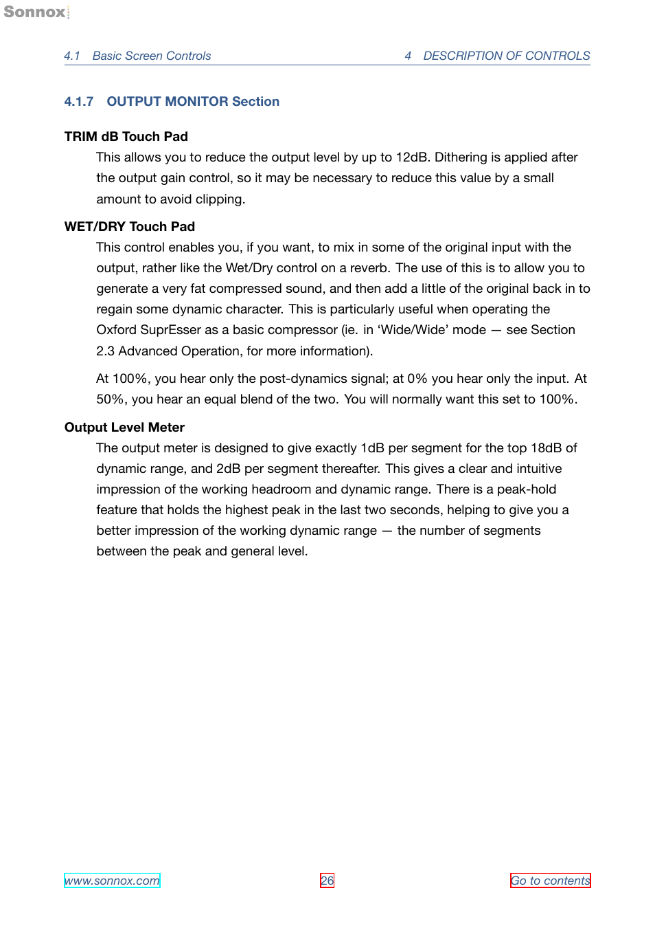 Output monitor section, 7 output monitor section | Sonnox Oxford SuprEsser User Manual | Page 26 / 41
