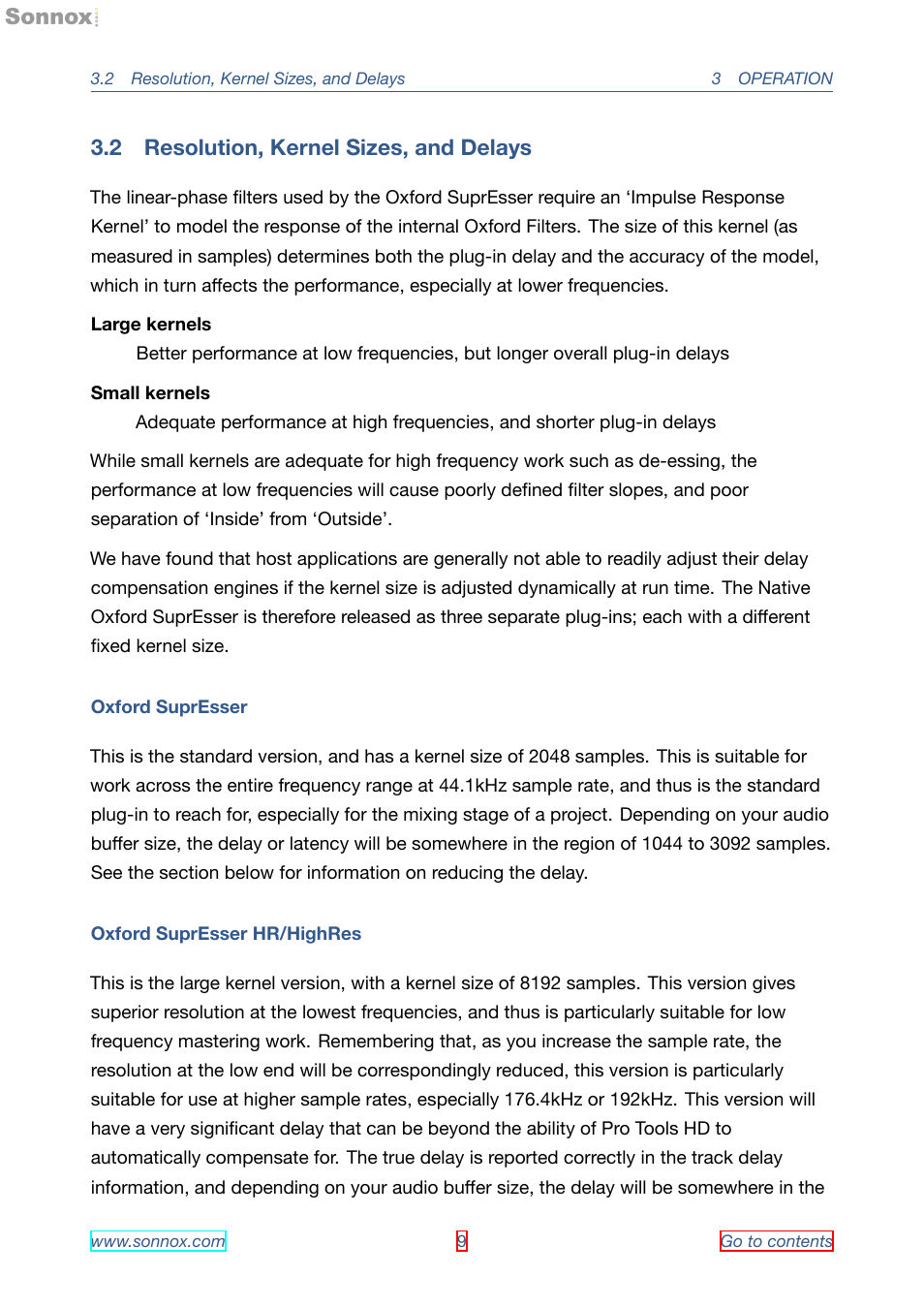 Resolution, kernel sizes, and delays, 2 resolution, kernel sizes, and delays | Sonnox Oxford SuprEsser User Manual | Page 9 / 41