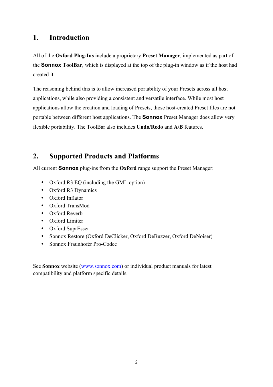 Introduction, Supported products & platforms, Supported products and platforms | Sonnox Oxford Preset Manager User Manual | Page 2 / 16