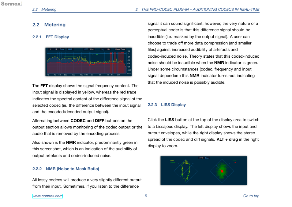 Metering, Fft display, Nmr (noise to mask ratio) | Liss display | Sonnox Pro-Codec User Manual | Page 5 / 11