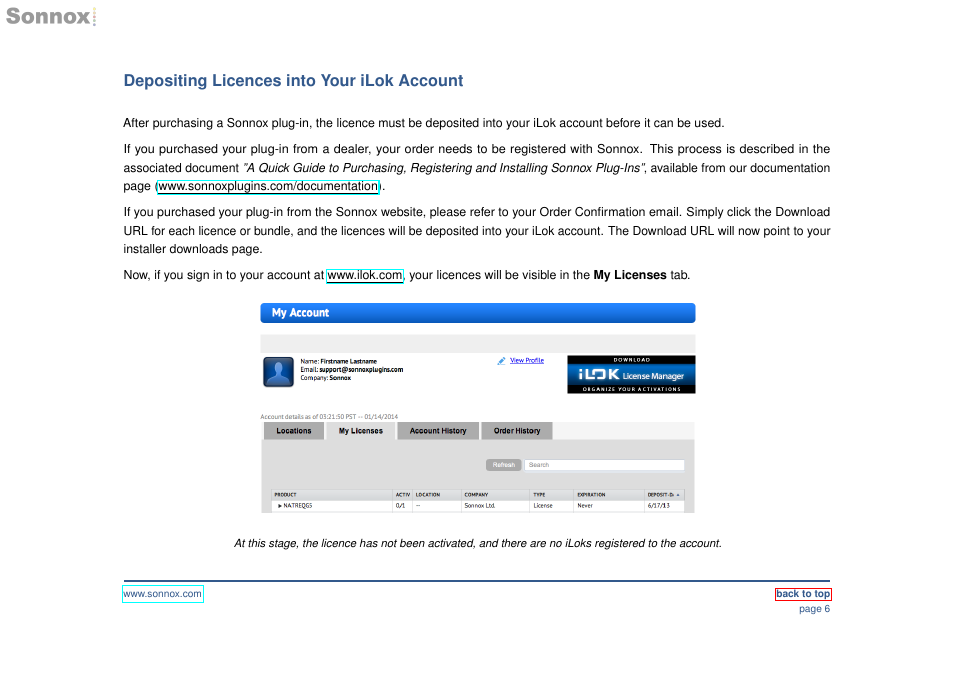 Depositing licences into your ilok account | Sonnox Using iLok Devices and the iLok Licence Manager application User Manual | Page 6 / 10