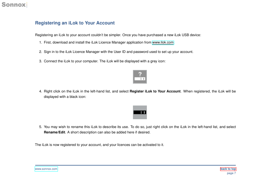 How to register an ilok to an ilok account, Registering an ilok to your account | Sonnox Using iLok Devices and the iLok Licence Manager application User Manual | Page 7 / 10