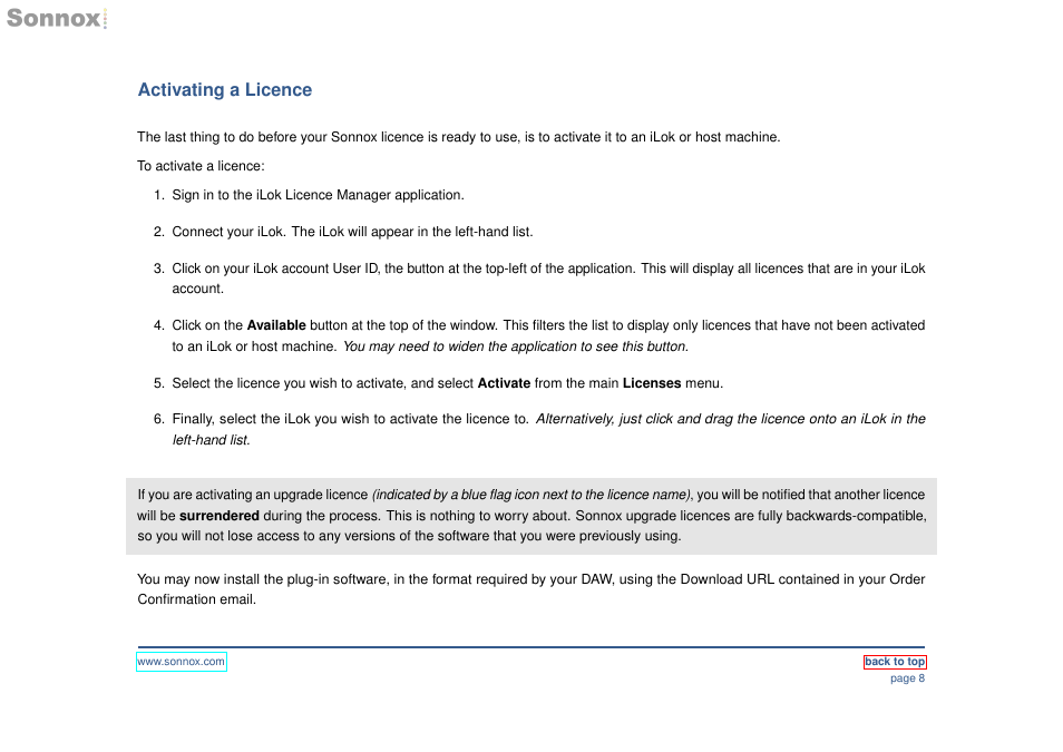 Activating a licence | Sonnox Using iLok Devices and the iLok Licence Manager application User Manual | Page 8 / 10