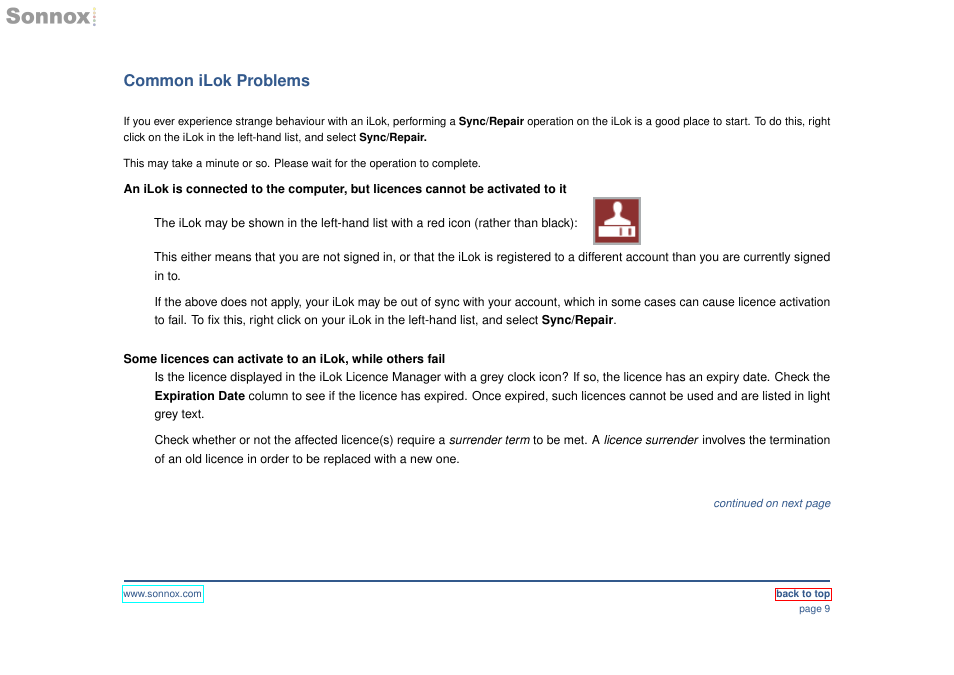 How to solve common ilok related problems, Common ilok problems | Sonnox Using iLok Devices and the iLok Licence Manager application User Manual | Page 9 / 10