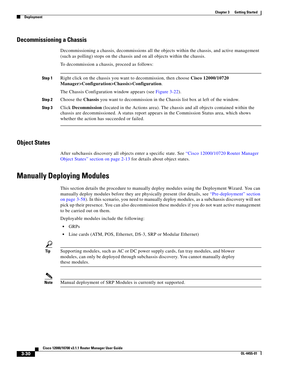 Decommissioning a chassis, Object states, Manually deploying modules | Manually deploying | Cisco 12000 User Manual | Page 30 / 60