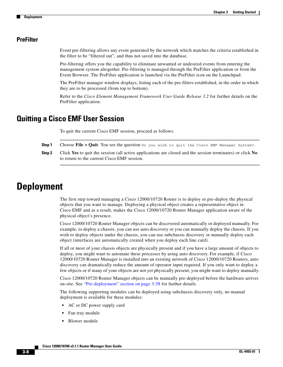 Prefilter, Quitting a cisco emf user session, Deployment | Cisco 12000 User Manual | Page 8 / 60